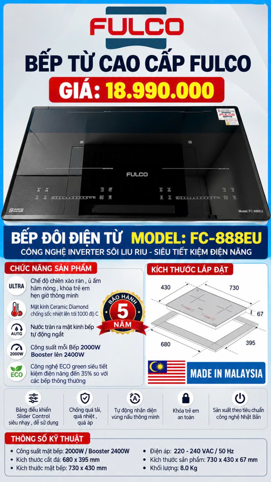 FC-888EU | BẾP TỪ ĐÔI FULCO CAO CẤP - Ảnh 3