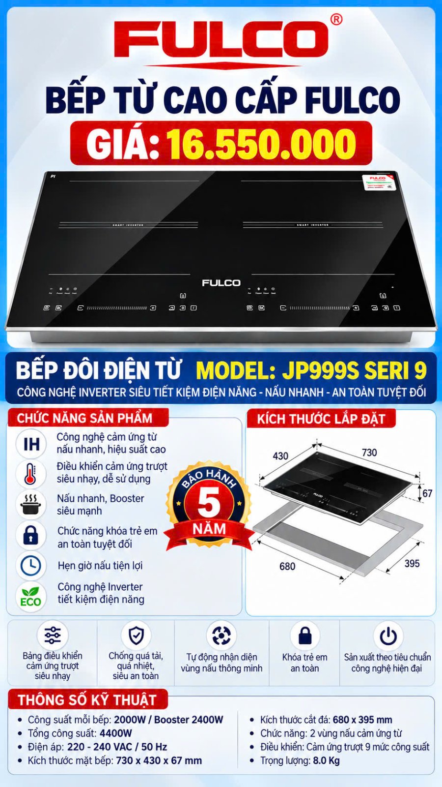 Bếp Từ Đôi Cao Cấp FULCO JP999S Seri 9 - Ảnh 1