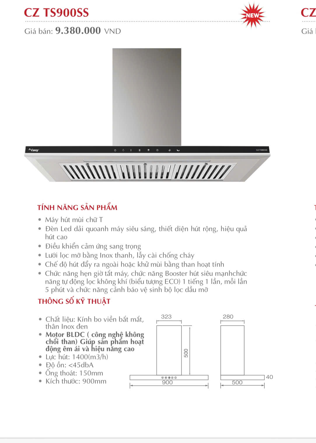 Hút mùi Canzy chữ T 900mm CZTS900SS