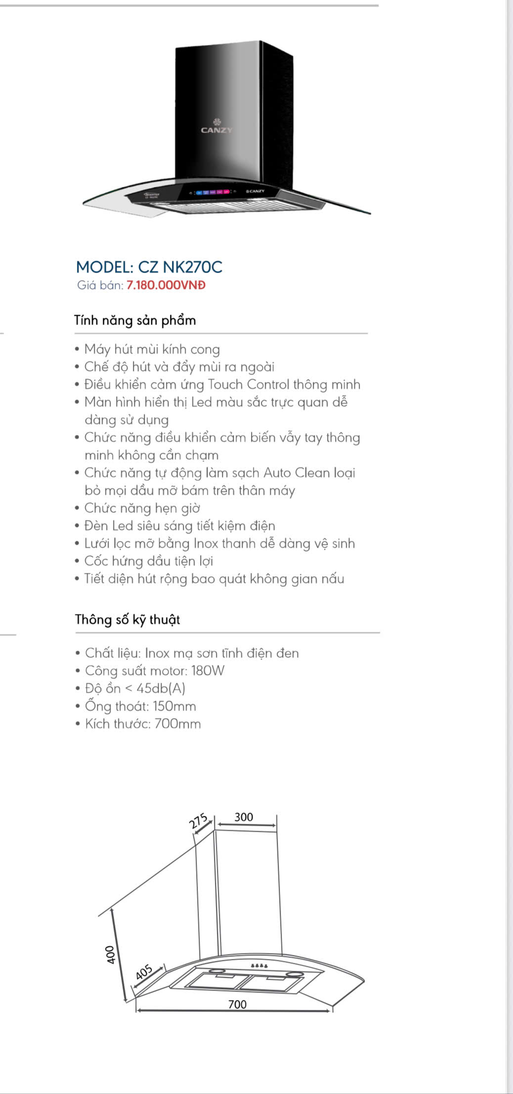 Hút mùi kính cong Canzy CZ-NK-270C