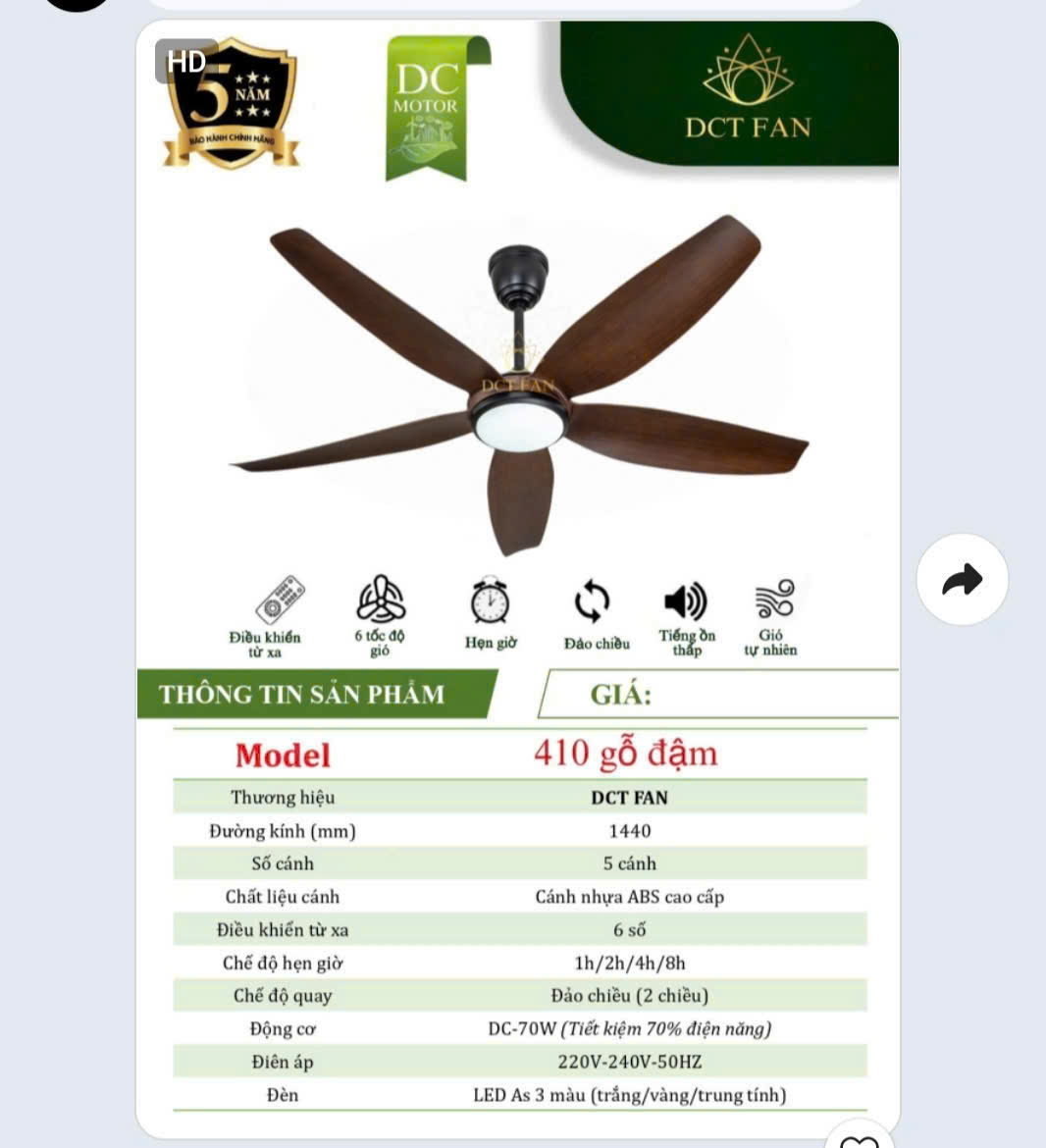 Quạt trần DCT Fan : 410 Gỗ Đậm