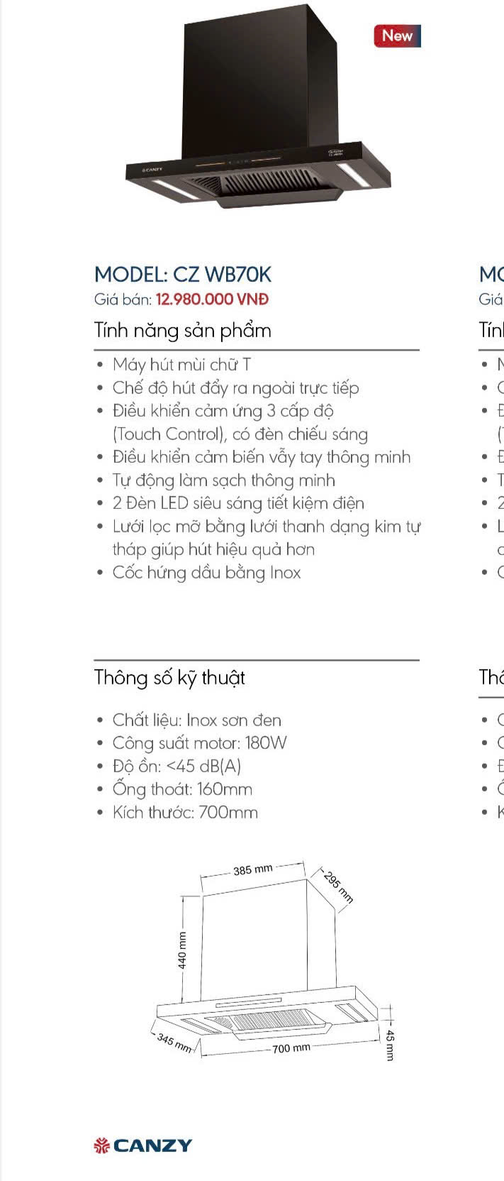 HÚT MÙI CANZY CZ WB70K