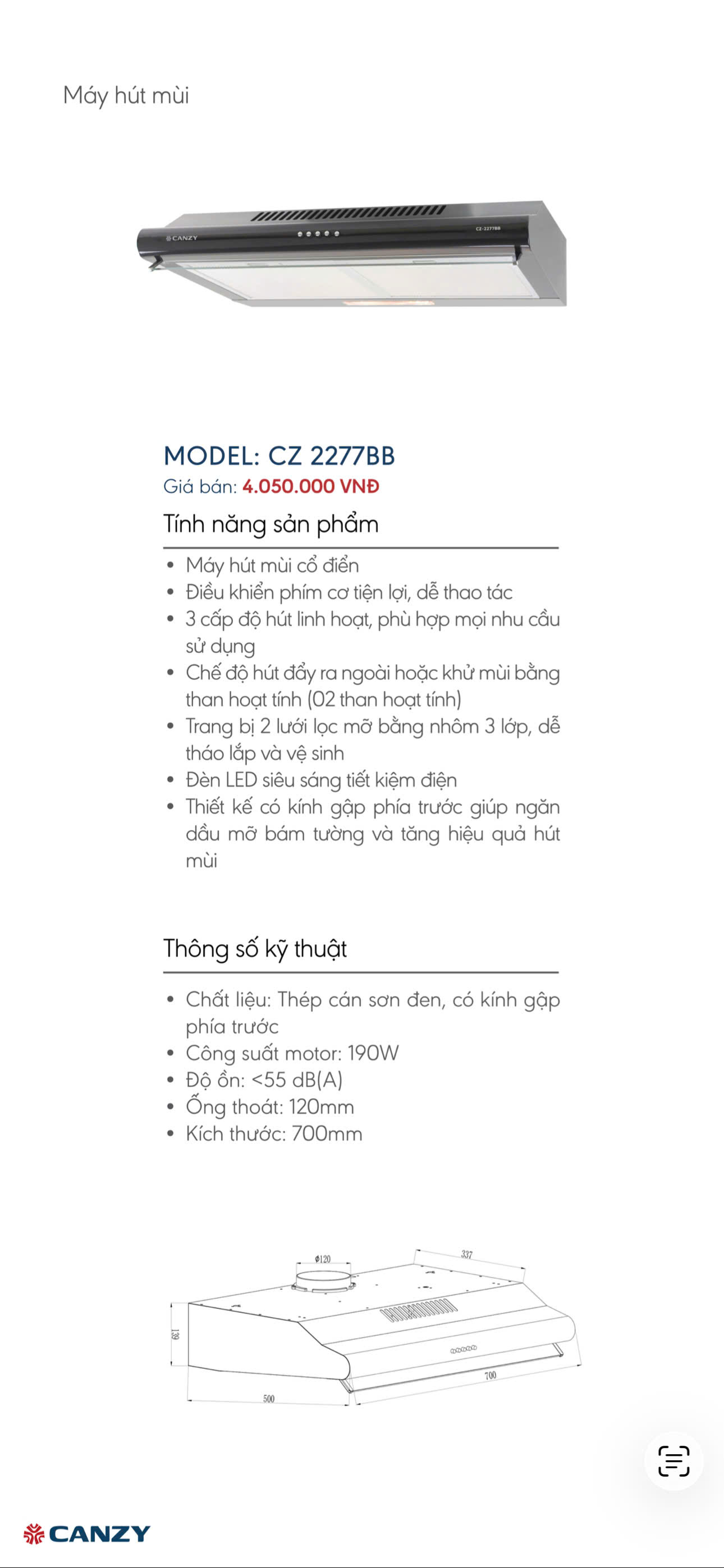 Máy hút mùi Canzy CZ 2277BB