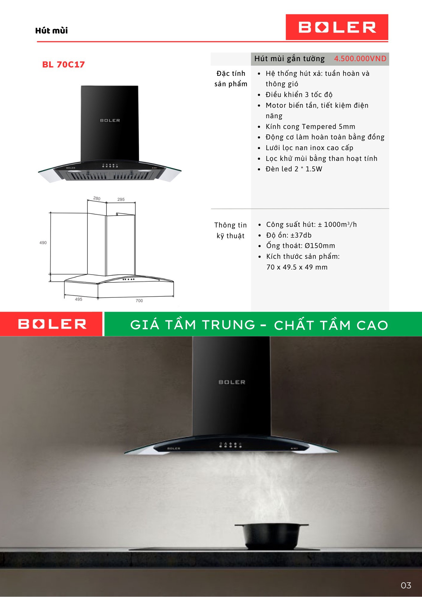 HÚT MÙI KÍNH CONG BOLER BL 70C17